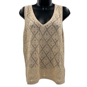 FISOEW Women Khaki Pointelle Knit V-Neck Sweater Vest Diamond Open Weave Size M